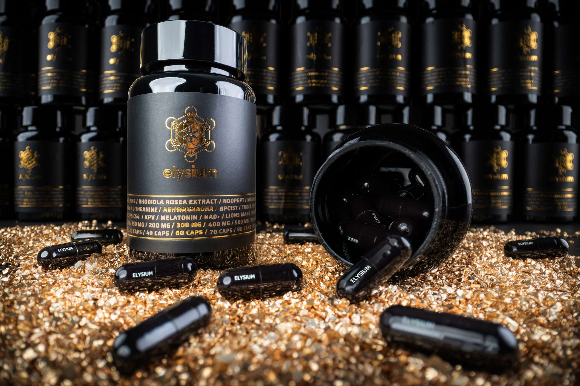 black supplement bottle and capsules